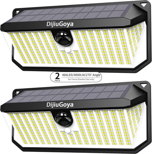 466LED 4000Lm Solar Lights Outdoor Waterproof for Security, 270° Angle & 3 Lighting Modes Motion Sensor Outdoor Lights IP68 Solar Light for Fence Garden Backyard Flood Dusk Garage 2pack