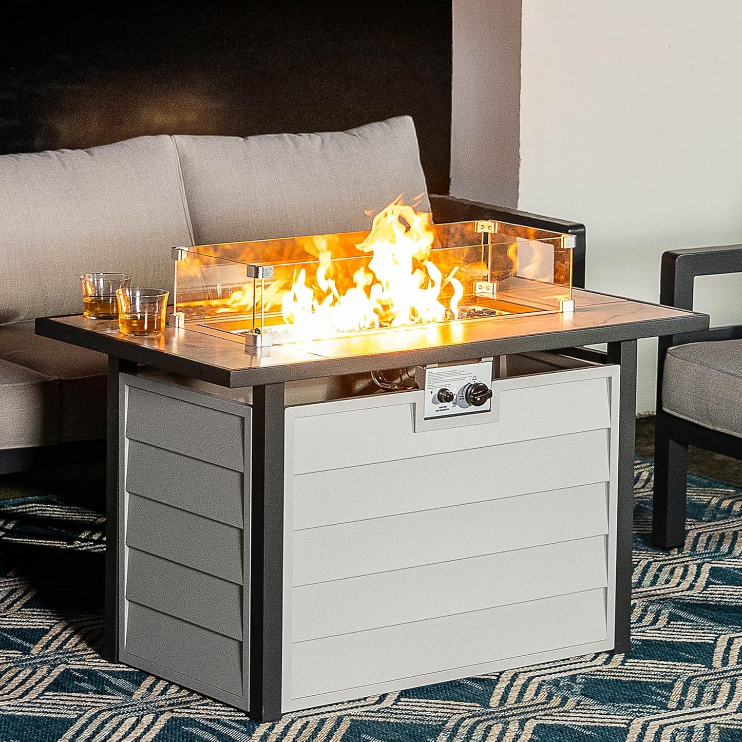 Nuu Garden 43'' Patio Propane Fire Pit Table, 50,000 BTU Gas Fire Pit with Marble-Textured Glass Top, Wind Guard, Lid, Glass Beads, CSA-Certified, 2-in-1 Outdoor Table for Gatherings, Ivory White