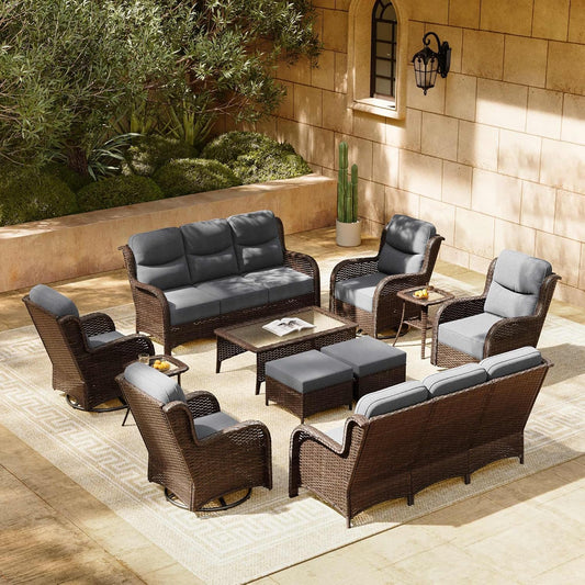 HILLGA Luxury Patio Furniture Set with 6-inch Thick Cushion, Outdoor Couch and High Back Swivel Rocker Patio Chairs, 11PCS Wicker Conversation Set for Deck Yard and Poolside, Dark Grey (V2)