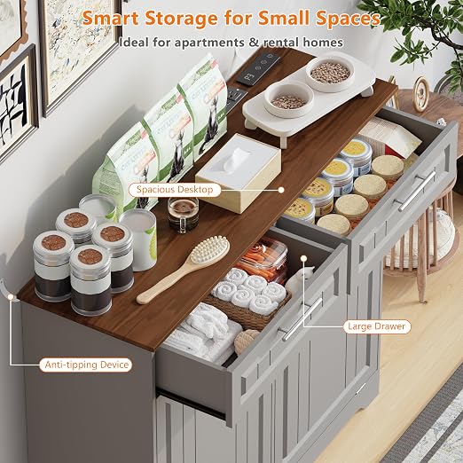 Double 10 Gallon Tilt Out Trash Can Cabinet with Deodorizing Function, Wooden Hidden Garbage Can Holder with Storage Drawers for Kitchen and Dining Room, Laundry Hamper Cabinet for Bathroom, Grey