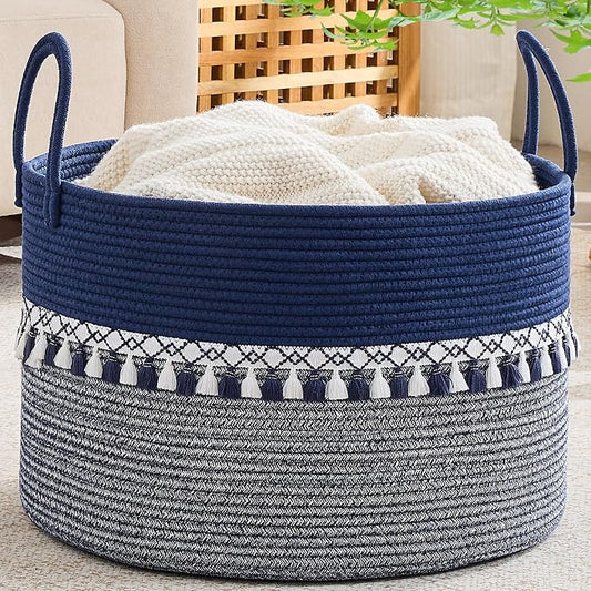 KAKAMAY Cotton Rope Storage Basket (20"x13"),Woven Hamper for Blankets,Toys,Pillows,Clothes,Laundry,Sturdy Handles Decorative Basket for Living Room, Bedroom,Nursery(Blue/White)