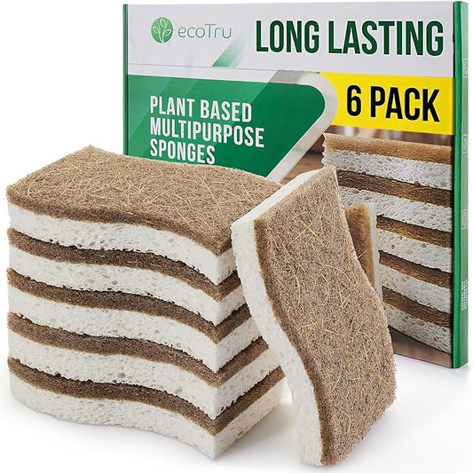 6 Pack Natural Kitchen Sponges, Compostable White Cellulose & Organic Coconut Scrubber Sponge for Washing Dishes, Kind Eco Friendly Non Toxic & Biodegradable Dishwashing Sponges