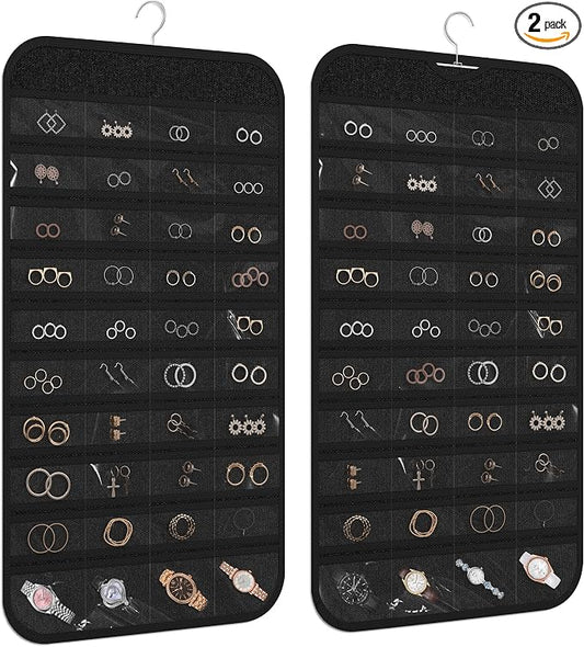 2 Pack Hanging Jewelry Organizer 80-Pocket Dual-sided Jewelry Storage for Earring Necklace Bracelet Ring Travel Holder, Black