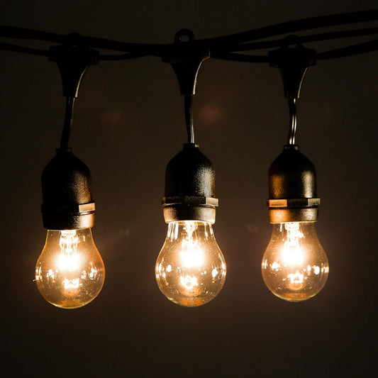 Hometown Evolution, Inc. 50 Foot E26 Outdoor Commercial String Lights with Suspended Socket for Weatherproof Heavy Duty Vintage Outside Lighting - Set of 25 A15 Clear Bulbs