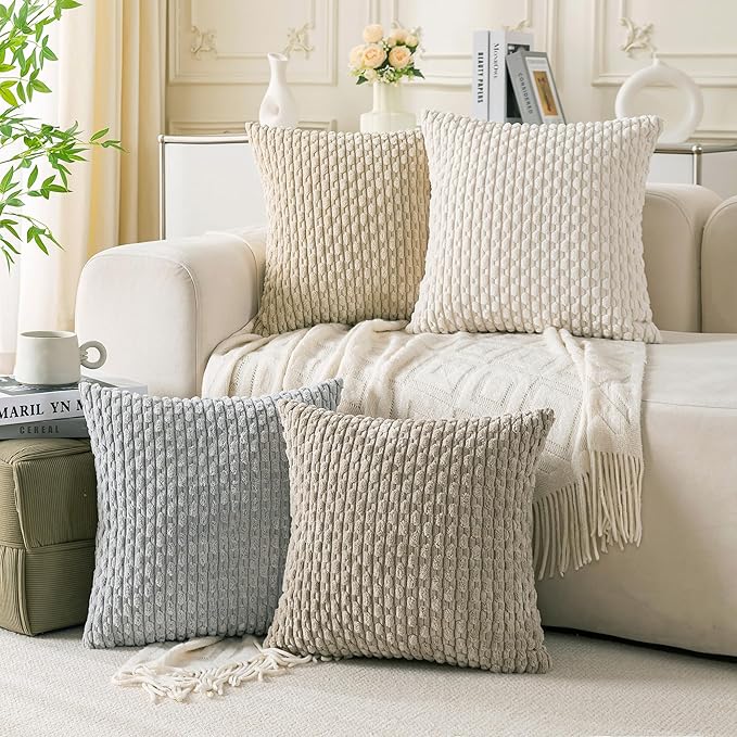 Set of 4 Neutral Decorative Throw Pillow Covers 16x16 Inch Corduroy Pillow Covers for Bed Couch Sofa Living Room Soft Square Cushion Cases