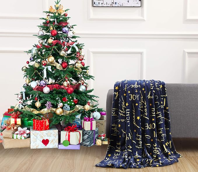 Elegant Comfort Luxury Velvet Super Soft Christmas Prints Fleece Blanket-Holiday Theme Home Décor Fuzzy Warm and Cozy Throws for Winter Bedding, Couch and Gift, 50 x 60 inch, Peace & Joy