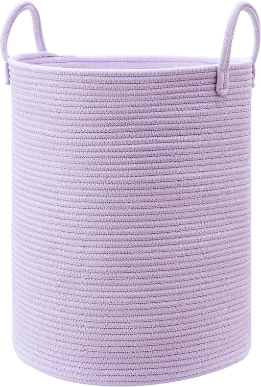 60L Large Purple Laundry Hamper Basket for Nursery Kids Tall Lavender Blanket Basket for Girls Cotton Rope Lilac Clothes Hamper in Bedroom 15Dx20H inches