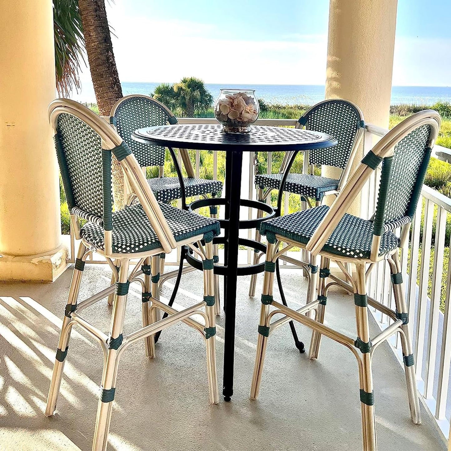PURPLE LEAF French Counter Height Bar Stool Set of 4 25" White Print Finish Patio Bar Chairs with Back Rattan Bar Chairs French Bistro Set for Kitchen Outdoor Counter Stool Light Blue