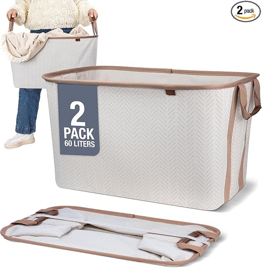 CleverMade Collapsible Laundry Basket LUXE 2 Pack – 60 L (16 Gal) Foldable Cotton Blend Clothes Hamper with Vegan Leather Accents, Reinforced Handles, Space Saving Laundry Bin Holds 55 lbs - Cream