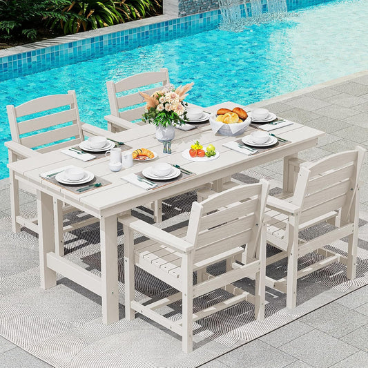 SERWALL Patio Table Set, Outdoor HDPE Dining Set with Umbrella Hole, 5-Piece - Table and 4 Chairs, All Weather for Lawn, Garden, Poolside, White