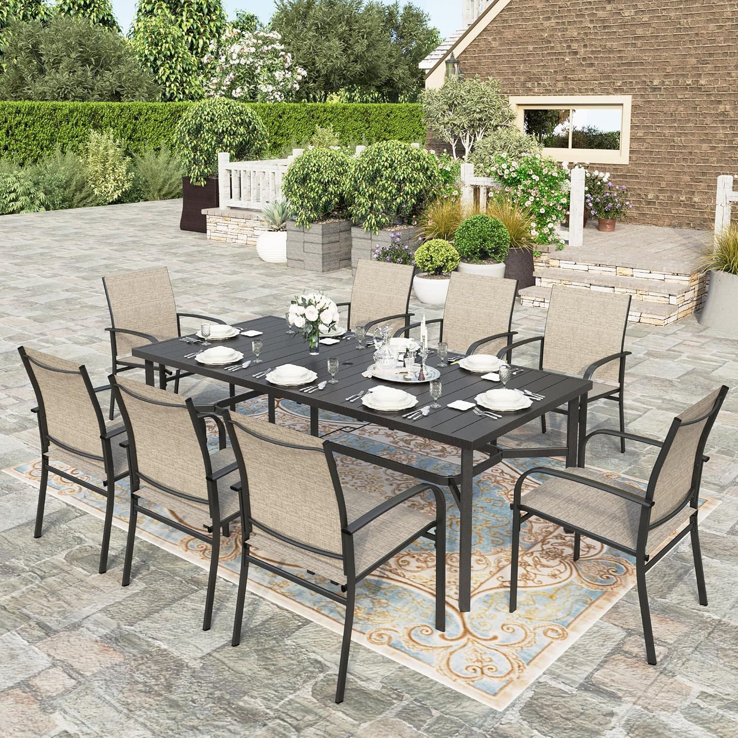 HERA'S HOUSE 9 Pieces Patio Dining Set, 8 x Brown Textilene Patio Chairs and 1 x 83 Large Rectangle Dining Table, Outdoor Furniture Set for Deck Garden Backyard Lawn Poolside