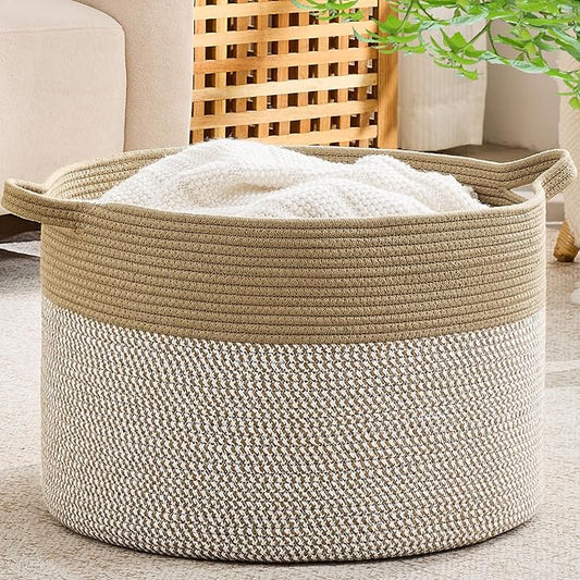 KAKAMAY Cotton Rope Storage Basket (20"x13"),Woven Hamper for Blankets,Toys,Pillows,Clothes,Laundry,Sturdy Handles Decorative Basket for Living Room, Bedroom,Nursery(Brown/White)