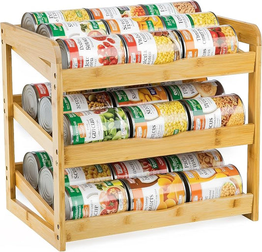 TOPZEA Soda Can Rack Organizer for Pantry, 3 Tier Bamboo Stackable Can Goods Storage Dispenser Shelf Canned Food Holder Stand for Kitchen Coutertop, Cabinet, Hold up to 36 Cans