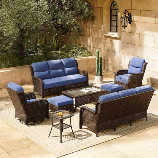 HILLGA Luxury Patio Furniture Set with 6-inch Thick Cushion, Outdoor Couch and High Back Swivel Rocker Patio Chairs, 8PCS Wicker Conversation Set for Deck Yard and Poolside, Blue (V2)