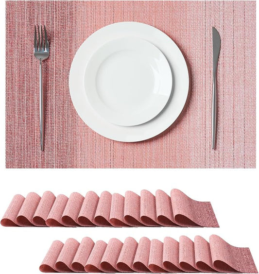 Leetaltree Gradient Pink Woven Placemats Set of 24 - Heat Resistant Non-Slip Place mats for Dining Table, Washable Durable PVC Vinyl Woven Table Mats(Gradient Pink, 24)