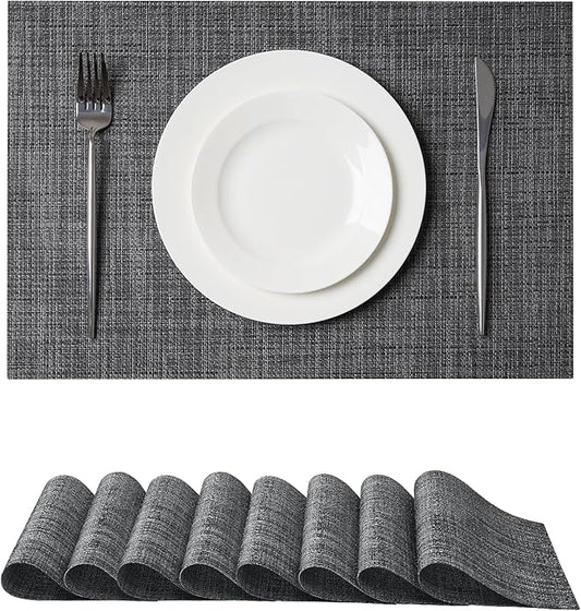 Leetaltree Black and Grey Woven Placemats Set of 8 - Heat Resistant Non-Slip Place mats for Dining Table, Washable Durable PVC Vinyl Woven Table Mats(Black & Grey, 8)