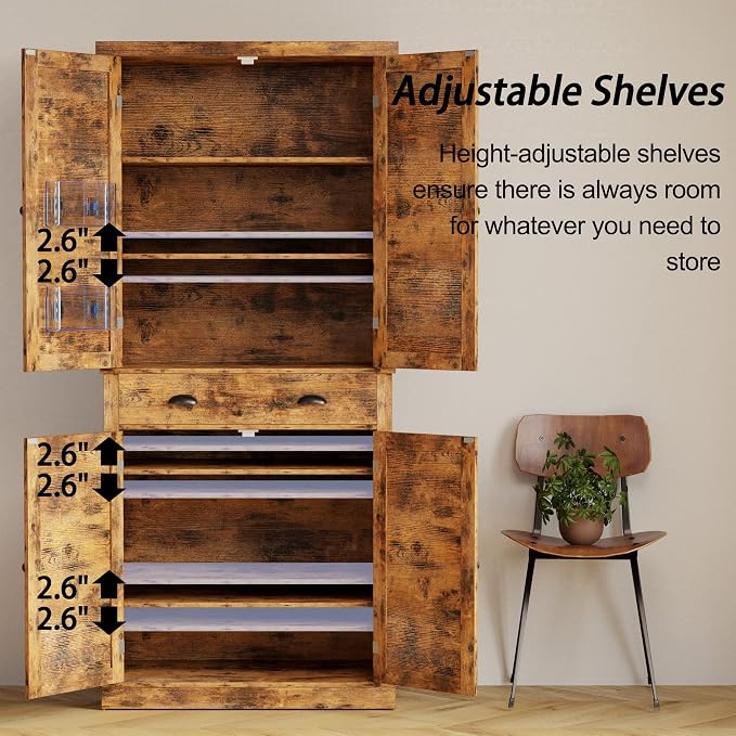 IRONCK Kitchen Pantry Storage Cabinet 72.6" H, with Barn Doors, Drawer, 4 Adjustable Shelves, Freestanding Cupboard for Dining Room Living Room, Laundry, Vintage Brown