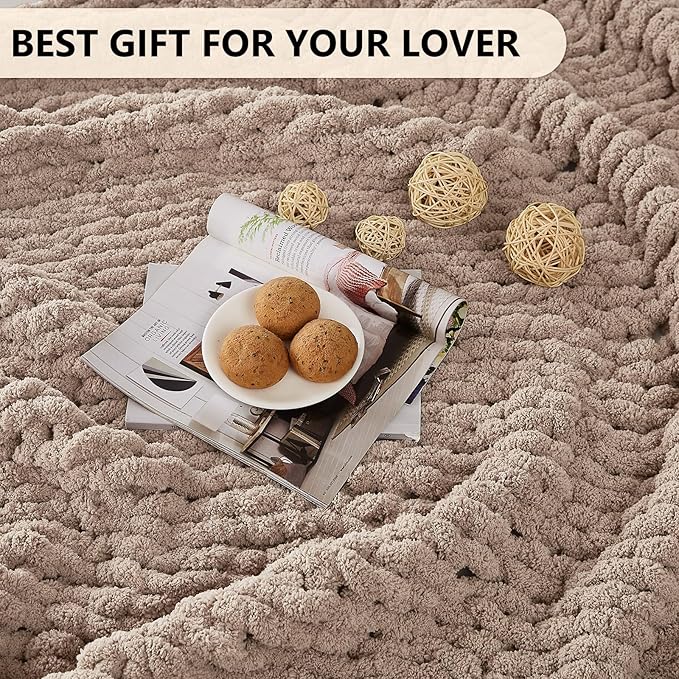 L'AGRATY Chunky Knit Blanket Throw: 50''x60'' Chenille Chunky Knitted Throw Blanket for Bed Couch - Handmade Thick Big Cable Knit Blanket - Large Crochet Rope Blanket for Home Decor(Light Taupe)