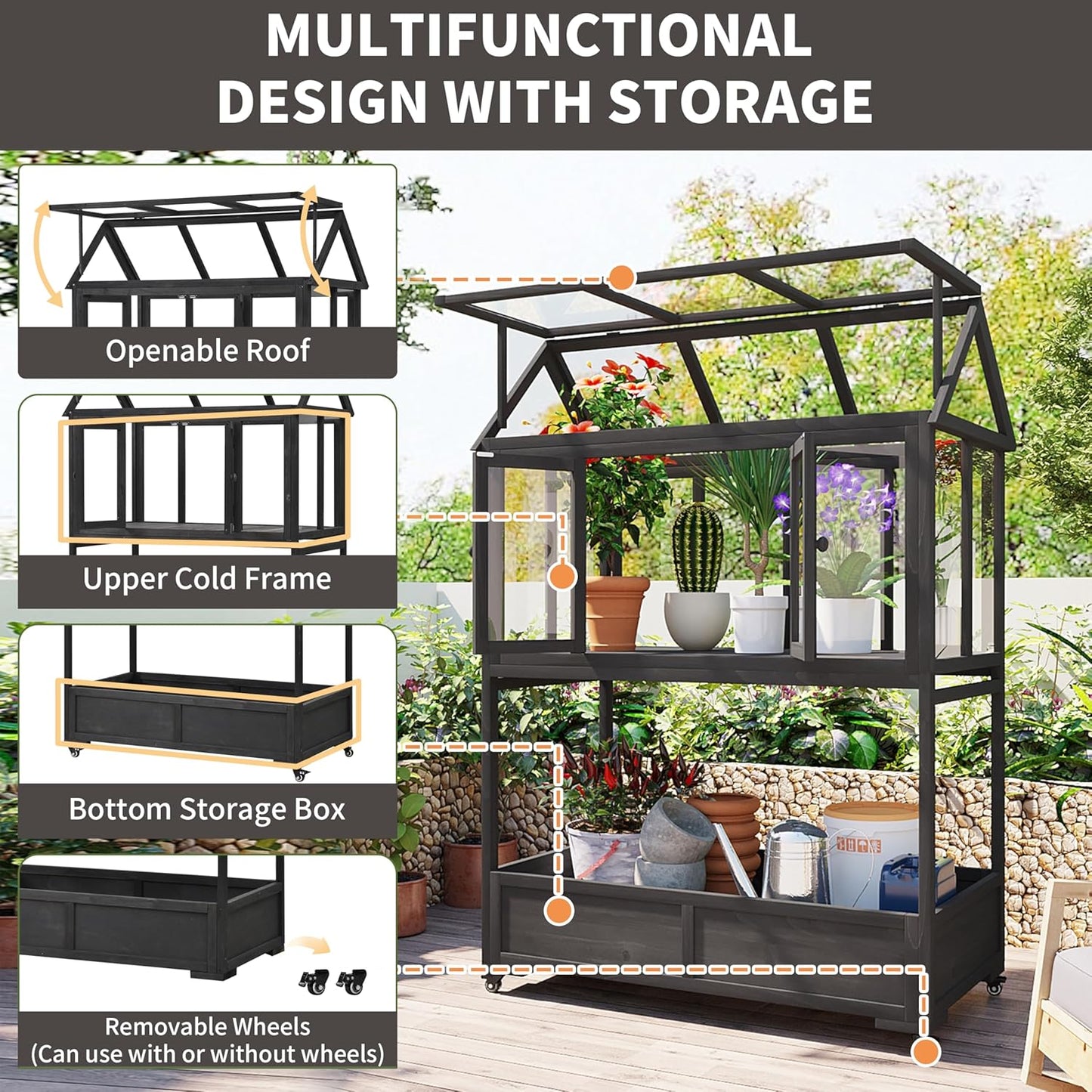 Merax Wood Garden Portable Cold Frame, Flower Plants Shelf with Movable Wheels, Mini Greenhouse with Openable Roof and Storage Box, Black