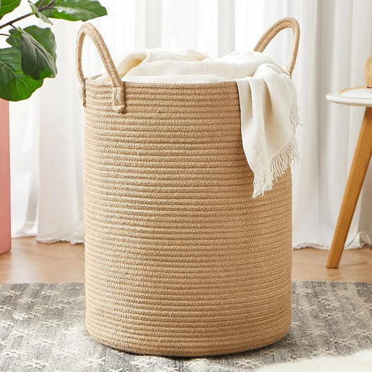 60L Jute Woven Laundry Hamper Basket Wicker Rope Clothes Hamper Tall Rattan Blanket Basket in Living Room Bedroom 15Dx20H Inches Large
