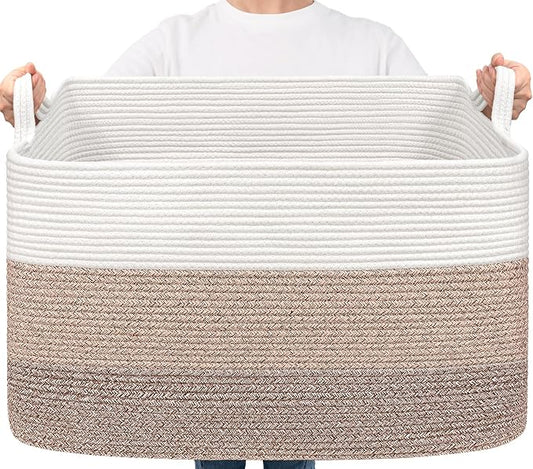 Goodpick Large Woven Blanket Basket 23.6" x 15.7" x 13.8" Cotton Rope Storage Organizer for Dirty Clothes Pillows, Soft Toy Storage Basket for Nursery Home Decor, White & Light Brown