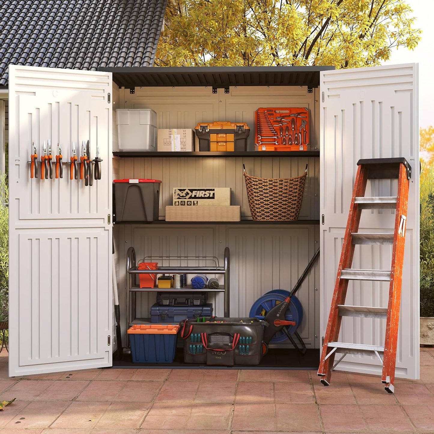 Vertical Resin Storage Shed, 60 Cuft Garden Tool Sheds & Outdoor Storage, Plastic Outdoor Storage Cabinet Waterproof, 4.5 x 2.3 ft Backyard Outside Lawn Mower Storage Shed, White
