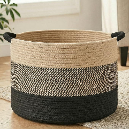 Artfeel 70L Large Cotton Rope Basket, Decorative Woven Blanket Storage for Living Room, Boho Toy Storage & Toy Box for Kids, Versatile Laundry Basket & Nursery Hamper for Blankets(BlackBrown)