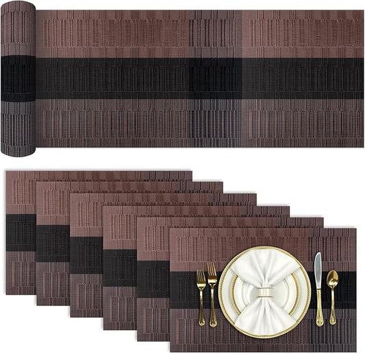 Aofmee Table Runner and Placemats Set of 6 Washable, Heat Resistant Place Mats with Table Runner, Woven Vinyl Table Placemats for Dining Table, Stain Resistant Kitchen Table Mats Sets, Easy to Clean