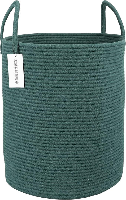 XUANGUO Cotton Rope Laundry Basket Hamper for Clothes Woven Storage Basket for Living Room Bedroom Boho Tall Rope Baskets for Blanket Toys Pillow Towels Baby Nursery Hamper Bin Large dark green