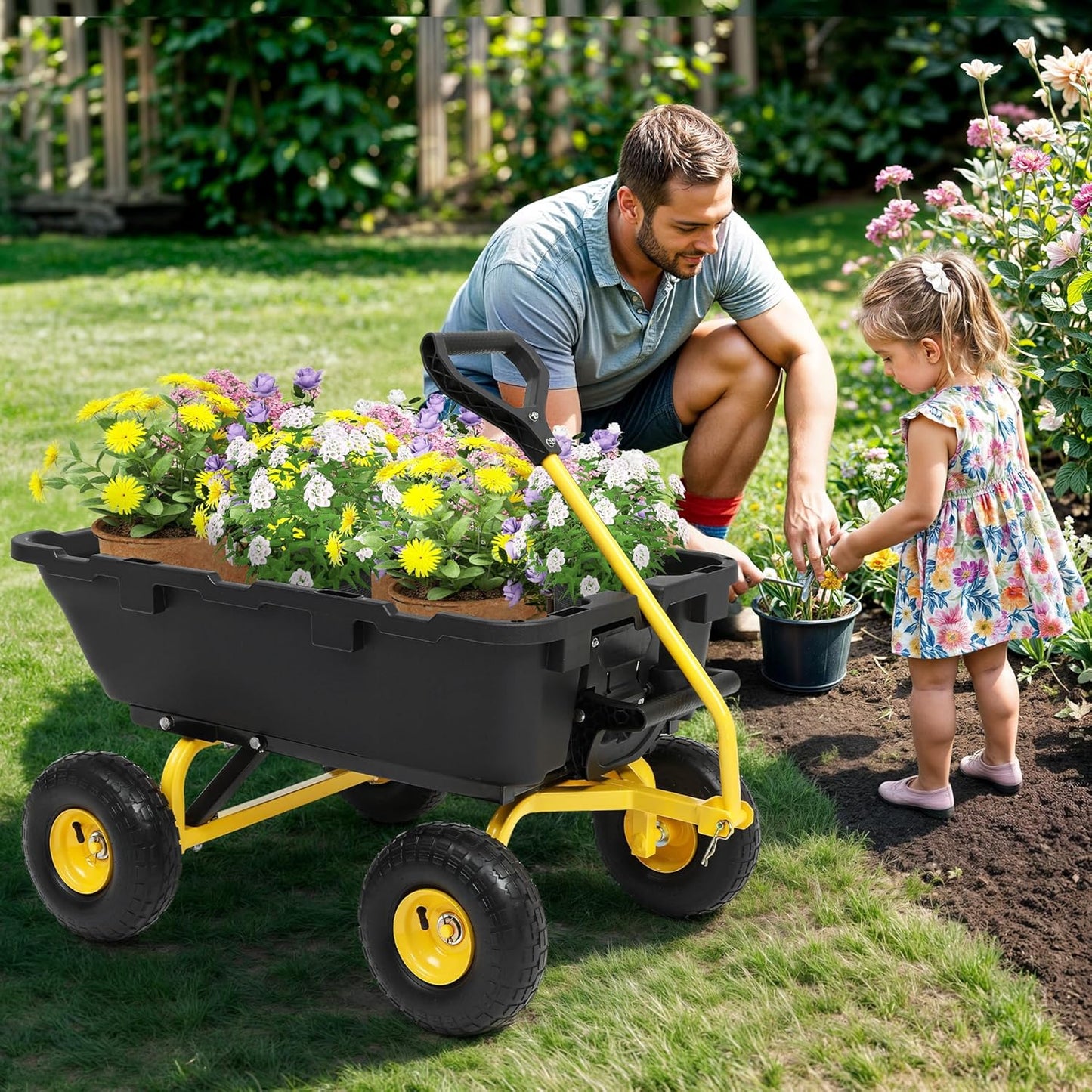 800lb Garden Dump Cart, Heavy Duty Wheelbarrow Dump Wagon with 4 Wheels&Quick-Release Dumping, Utility Wagon Carts for Halloween Pumpkin Hauling Yard, Farm and Garden(Yellow)