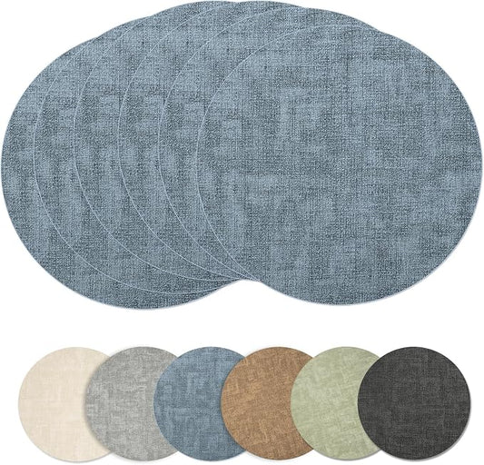 Maxpearl Round Placemats Set of 6, 13.8 inch Faux Leather Heat Resistant Table Mats, Non Slip Waterproof Wipeable Place Mats for Kitchen Dining Holiday Party Table Settings, Blue