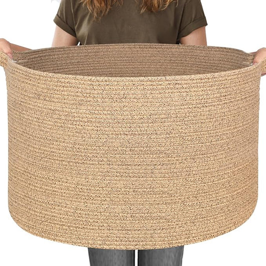 MEGASKET 115L Wicker Storage Basket, 23.6"x15.7" Woven Cotton Rope Basket, Giant Kids Dog Toy Bin Organizer, XXXL Blanket Pillow Holder for Living Room, Brown Variegated Wicker Baskets for Organizing
