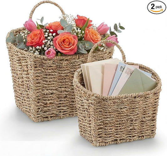 84ECO Set of 2 Seagrass Hanging Baskets for Organizing, Front Door, Mail, Flowers