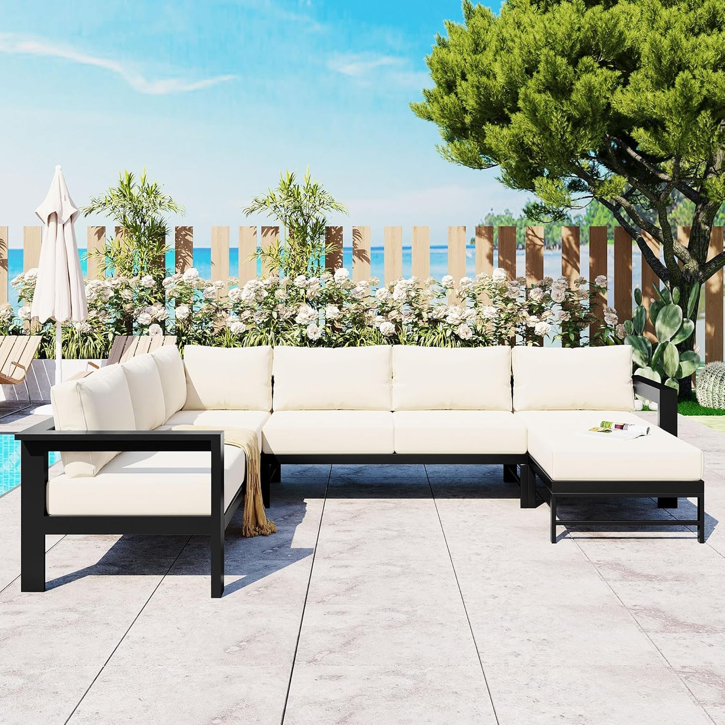 Multi-Person Outdoor Sofa Set, U-Shaped Aluminum Outdoor Sofa Set with Thick Cushions and Backrests, Modular Patio Sofa Set for Gardens, Backyards, and Balconies (White * 069)