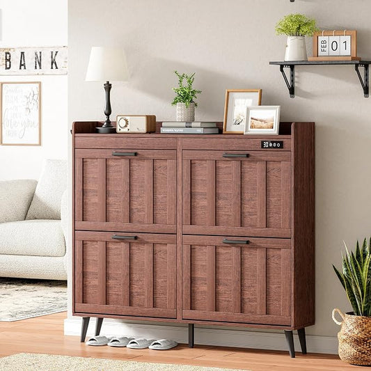 ChooChoo Shoe Storage Cabinet with 4 Flip Drawers, Deodorizing Shoe Organizer Storage for Entryway, Freestanding Hidden Slim Narrow Shoe Rack Cabinet, Walnut