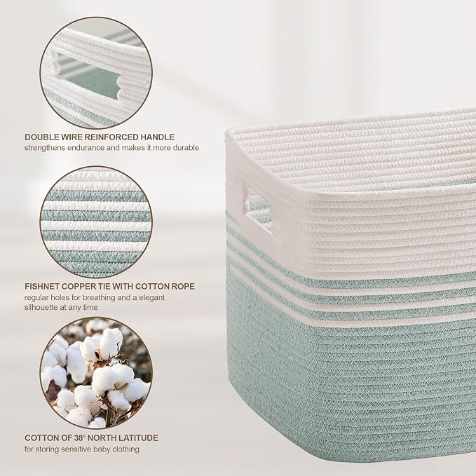 86L Large Laundry Basket for Living Room Storage,Woven Rope Baskets for Blanket,Kids Toy,Gifts,Wicker Hamper for Bedroom Dirty Clothes,24"x16"x14" White Green