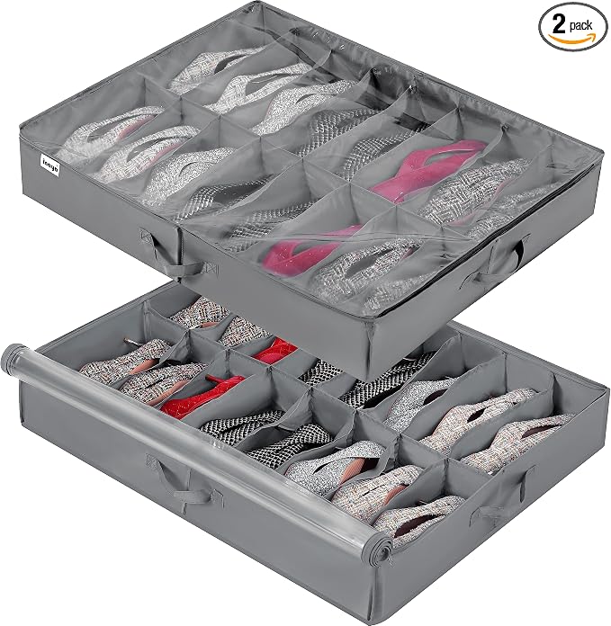 INAYA Under Bed Shoe Storage Organizer 2 Pack, Fits 32 Pairs, Large Underbed Shoe Box Storage Containers, Clear Foldable Shoes Organizer Under the Bed Sturdy Structure with Hard Bottom Support