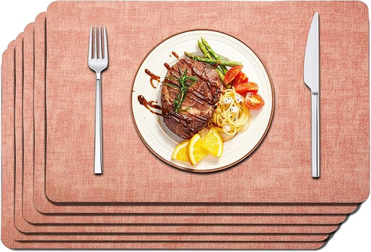 Maxpearl Faux Leather Placemats Set of 6 - Waterproof - Wipe Clean - Heat Resistant - Anti Slip Dining Table Place Mats, Suitable for Indoor & Outdoor Use, 17’’×12’’, Pink