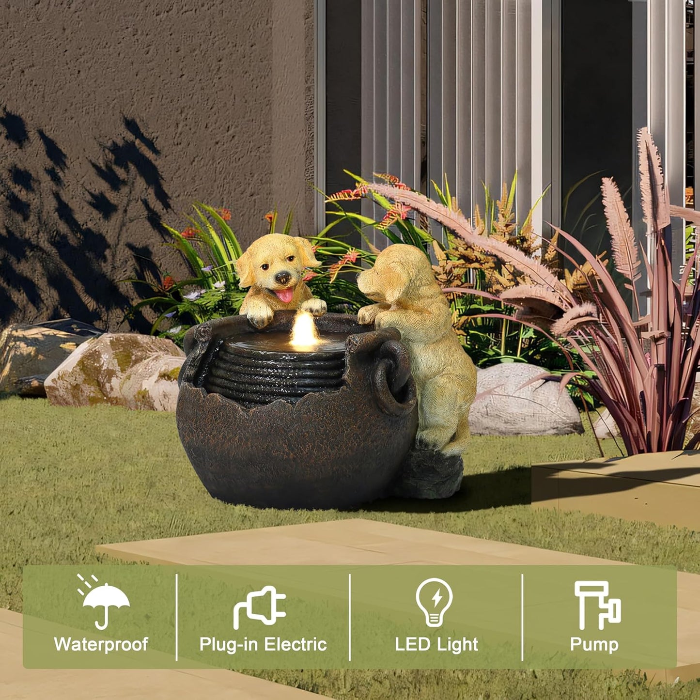 LuxenHome Outdoor Water Fountain, 16 Inch Adorable Puppies Resin Water Fountains Indoor with LED Lights, Farmhouse Waterfall Outdoor, Indoor Fountains and Waterfalls for Patio, Garden Decor