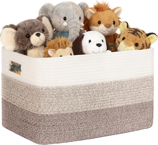 60L Laundry Basket with Leather Handles for Living Room Storage, Woven Rope Baskets Bin for Blanket, Kids Toy, Gifts, Wicker Hamper for Bedroom Dirty Clothes, Gradient Brown