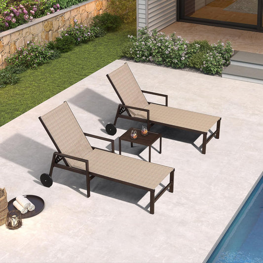 PURPLE LEAF Pool Lounge Chairs Set of 3 Aluminum Outdoor Lounge Chairs with Wheels and Armrests Adjustable Patio for Deck Outside Lawn Garden, Light Tan