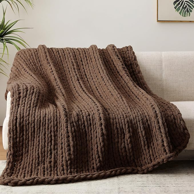Negwoo Chunky Knit Throw Blanket, 50''*60'' Knitted Throw Chenille Yarn for Bed Couch, Handmade Dark Brown Crochet Big Thick Blanket, Machine Washable Cute Comfy Blanket for Home Decor