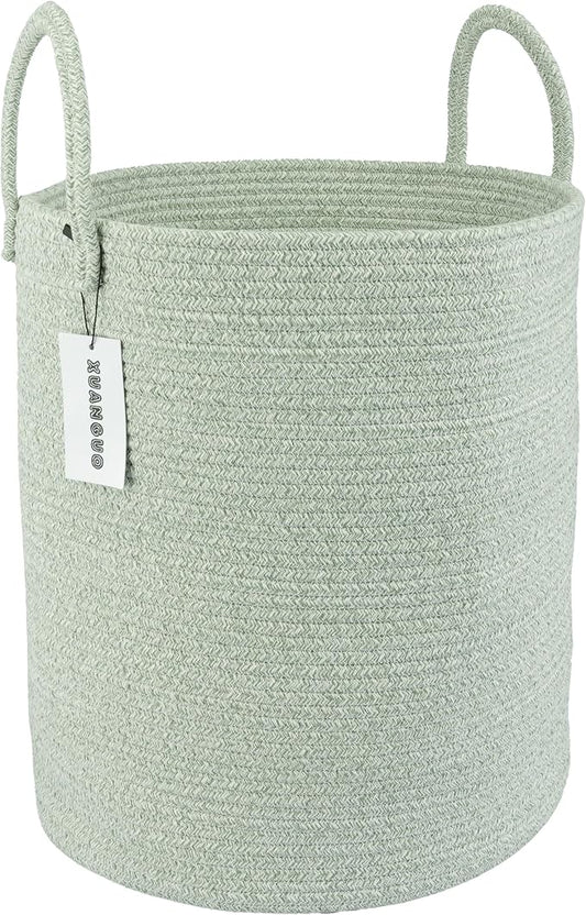 XUANGUO Cotton Rope Laundry Basket Hamper for Clothes Woven Storage Basket for Living Room Bedroom Boho Tall Rope Baskets for Blanket Toys Pillow Towels Baby Nursery Hamper Bin green