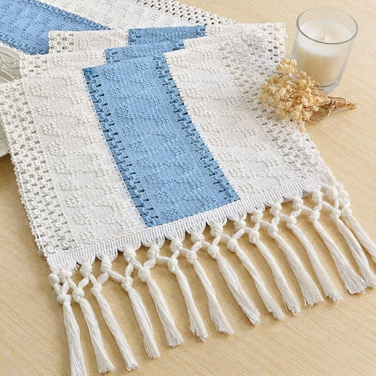 FEXIA Summer Table Runner Light Blue for Home Decor with Tassels 72 Inches Farmhouse Long Rustic Table Runner Macrame Burlap Centerpieces for Tables Decoration for Baby Shower(12x72 Inches)