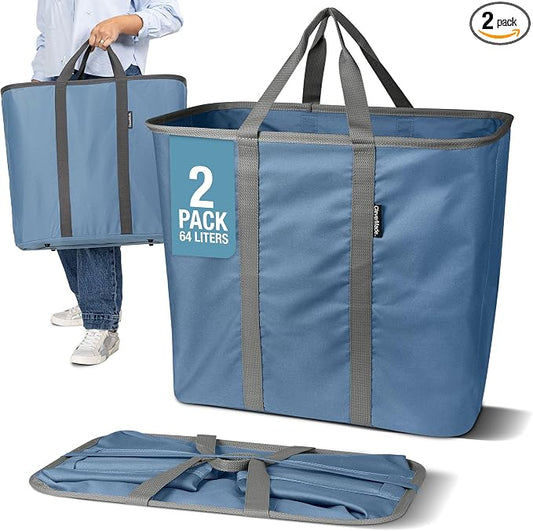 CleverMade Collapsible Laundry Caddy – Foldable Laundry Hamper & Tote, XXL 64L Pop-Up Laundry Basket with Handles, Space-Saving Laundry Organizer for Home, Dorm, Closet & Travel, 2 Pack - Denim Gray