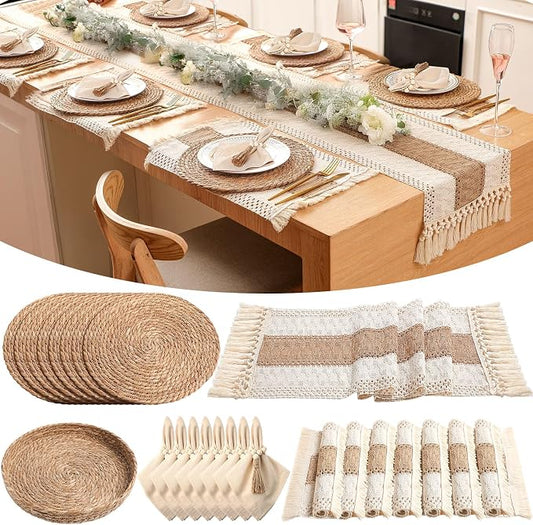 8 Sets Boho Decoration Placemats Round Woven Placemats, Cloth Napkins, Wood Bead Napkin Rings, Long Table Runner and Farmhouse Burlap Cotton for Table Kitchen (Khaki,12x108)