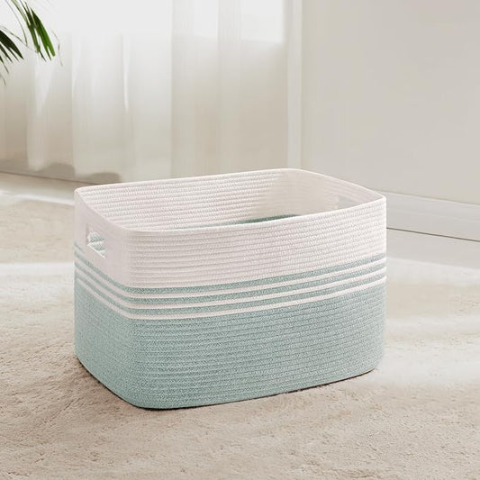 45L Small Laundry Basket for Living Room Storage, Woven Rope Baskets Bin for Blanket, Kids Toy, Gifts, Wicker Hamper for Bedroom Dirty Clothes, 18"x14"x11" White Green