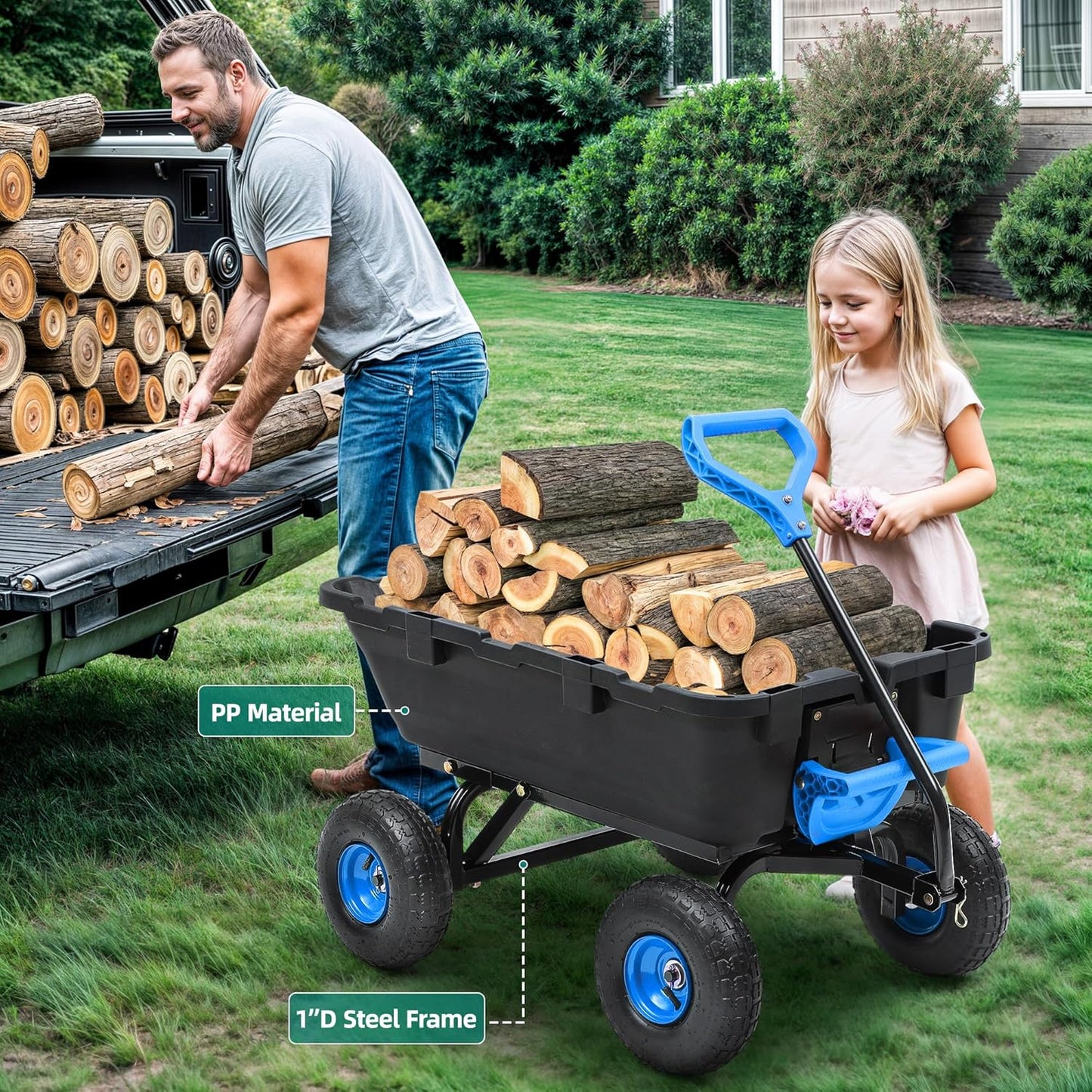 800lb Garden Dump Cart,Utility Wagon Wheelbarrows with Quick-Release System&4 Pneumatic Tires,Heavy Duty Yard Dump Wagon with Steel Frame for Yard, Farm, Gardenand Halloween Hauling (Blue)