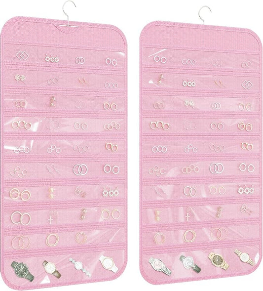 1 Pack Hanging Jewelry Organizer 80-Pocket Dual-sided Jewelry Storage for Earring Necklace Bracelet Ring Travel Holder, Pink
