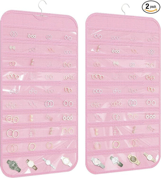 2 Pack Hanging Jewelry Organizer 80-Pocket Dual-sided Jewelry Storage for Earring Necklace Bracelet Ring Travel Holder, Pink